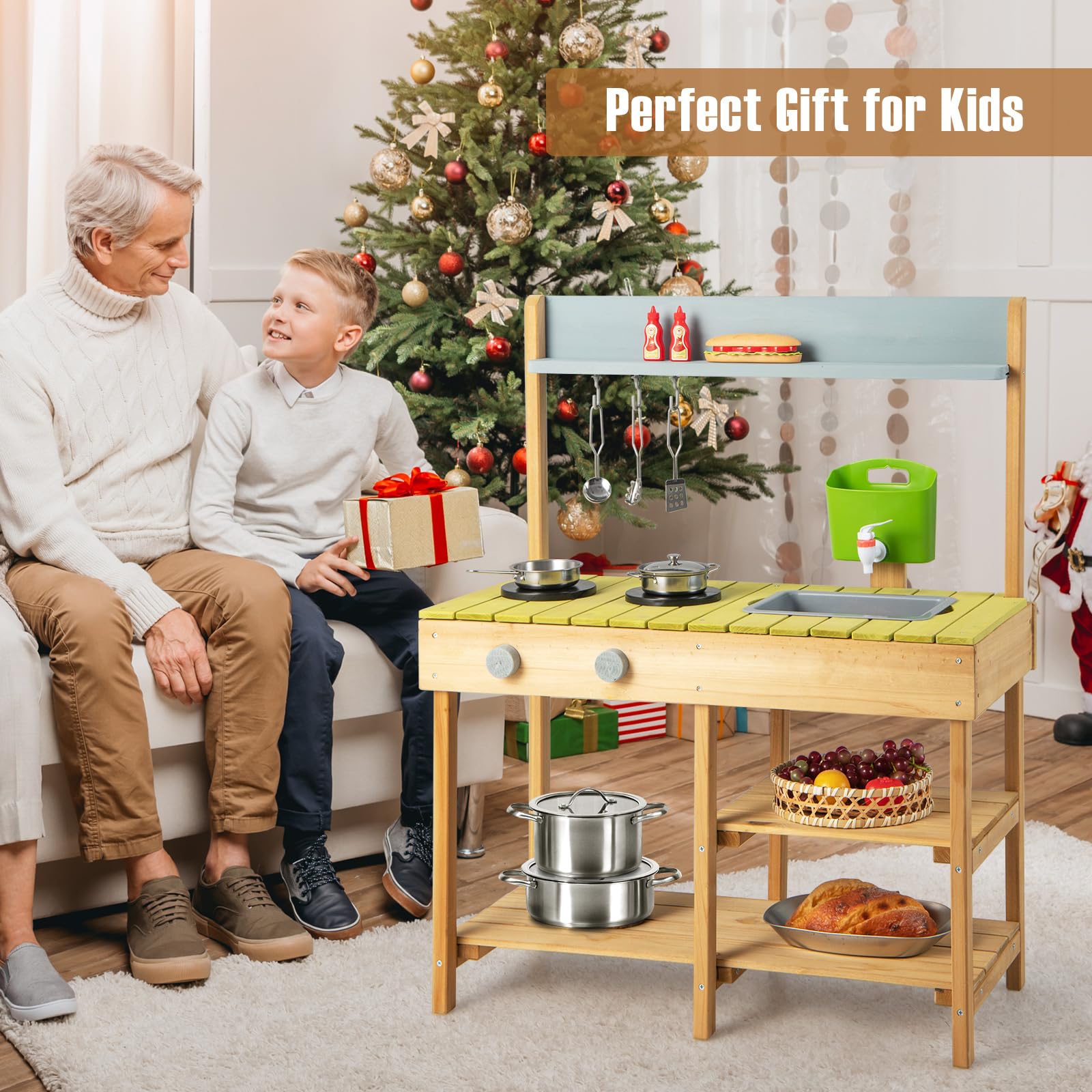 FANTASK Matschküche für Kinder Outdoor & Indoor, Spielküche mit Haken & abnehmbarem Regal, Kinderküche Holz mit Wasserfunktion, Gartenküche Geschenke für Kinder ab 2 Jahren, Natur