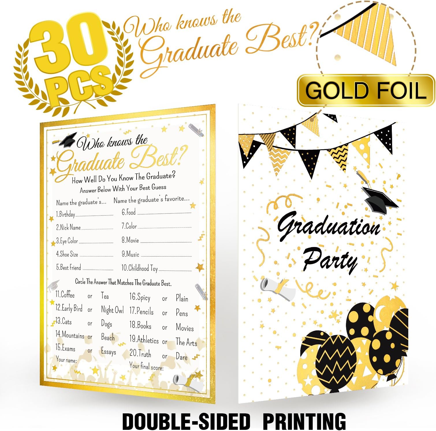 Who Knows Graduate Best Graduation Party Game Cards - 30 Pcs with Gold Foil Embossed-Grad Supplies,Favor,Decoration,Activities,Invitation - Class of 2018 High School,College,University