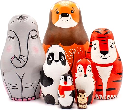 AEVVV Matryoshka original ruso Set 7 piezas - Lindas muñecas de anidación de animales salvajes