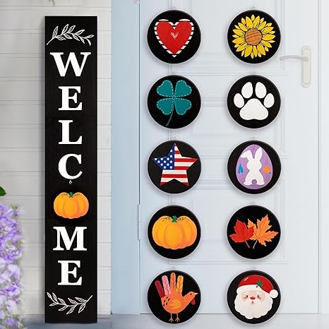 Perfnique Welcome sign for front porch standing, 47 x 7.9 Inch Wooden Leaner Sign with 10 Interchangeable Designed Icons, Seasonal Decor for Spring Easter Fall Christmas(Black)