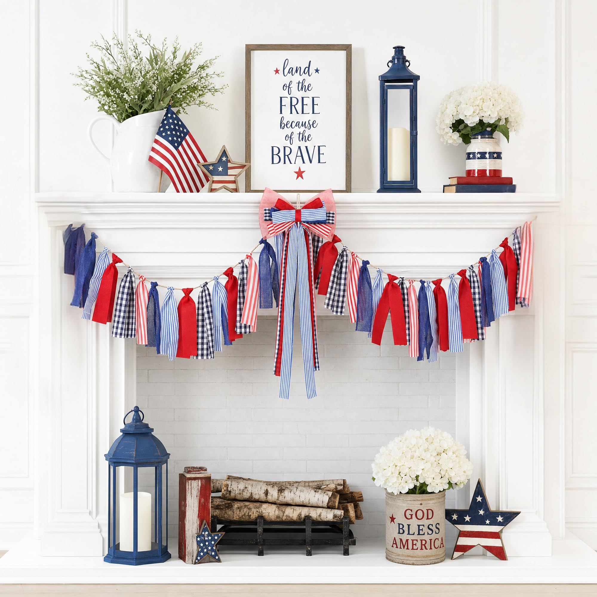 Photo 1 of Sincere Party 4th of July Patriotic Indoor Outdoor Giant Bow Garland Decorations Fabric and Ribbons Large Hanging Bow with Matched Garland