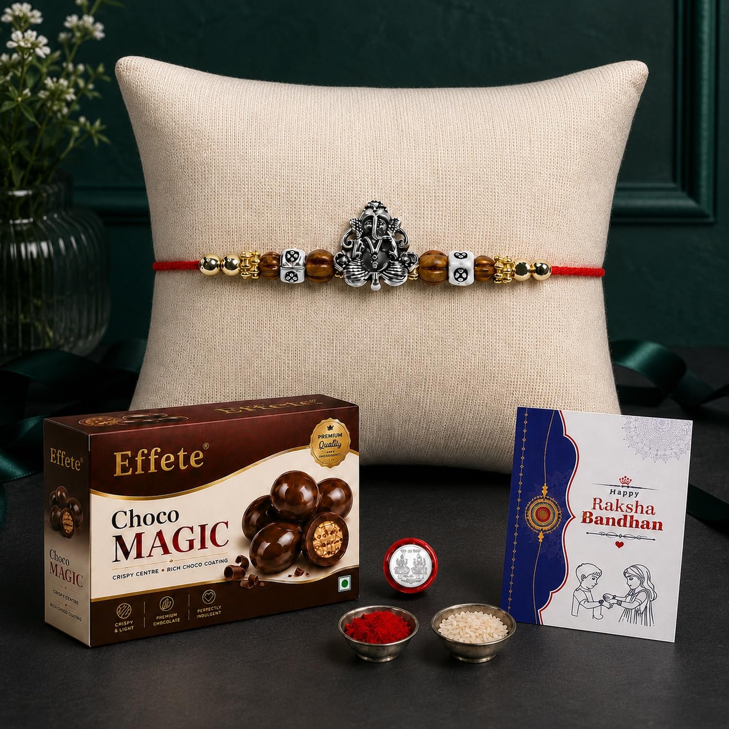 Vacalvers Rakhi with Chocolate for Brother – Ganu Ji Design Rakhi with Choco Magic Chocolate 32g, Tilak Set, Silver Color Pooja Coin & Greeting Card – Traditional Raksha Bandhan Combo Set 1