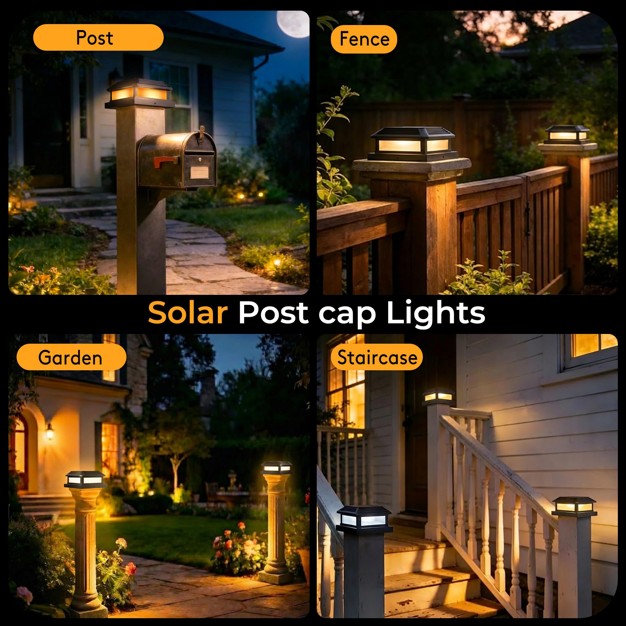 Quntis Zestaw 4 lamp solarnych na słupki ogrodzeniowe, lampy ogrodowe typu Flame z 5 trybami świecenia, lampy solarne na słupki o wymiarach – taras, patio, do ogrodu, podwórko, werandę i ścieżki