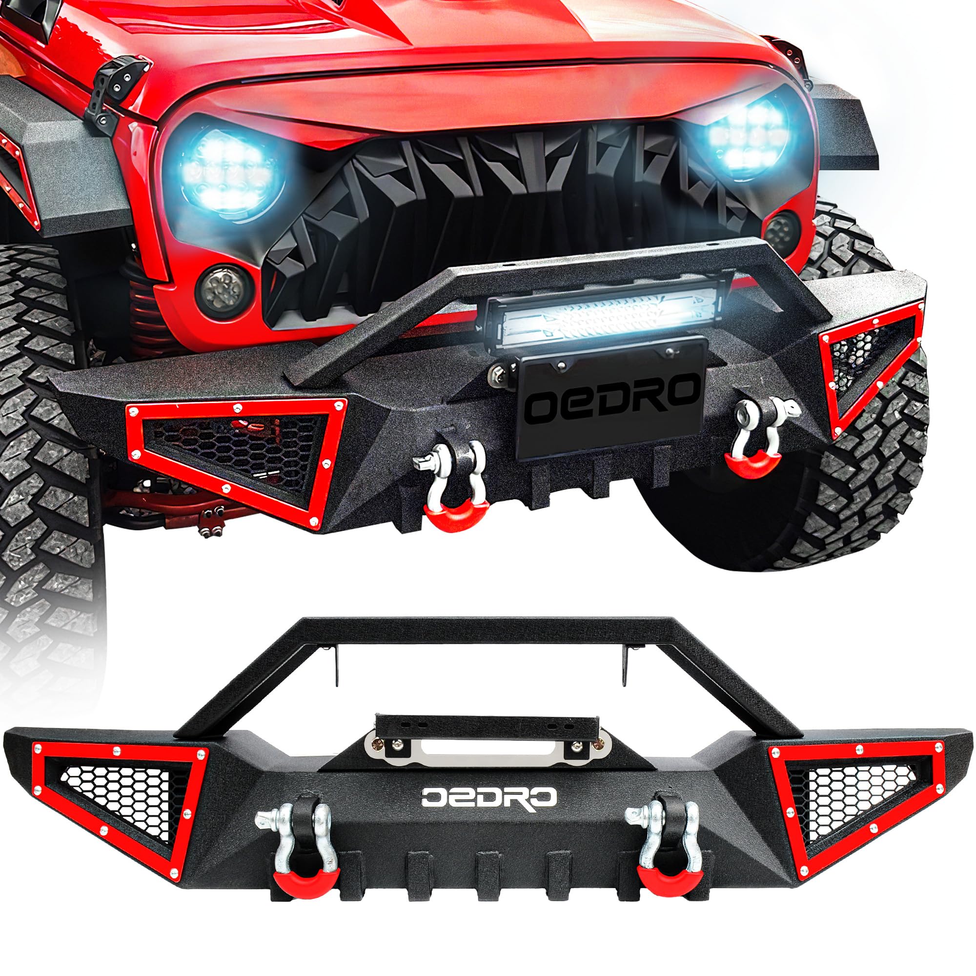 oEdRoFront Bumper Compatible with 2007-2025 Jeep Wrangler JK/JKU JL/JLU Gladiator JT, Rock Crawler Off Road Full Width Bumper with Winch Plate Mounting & 2 x D-Rings