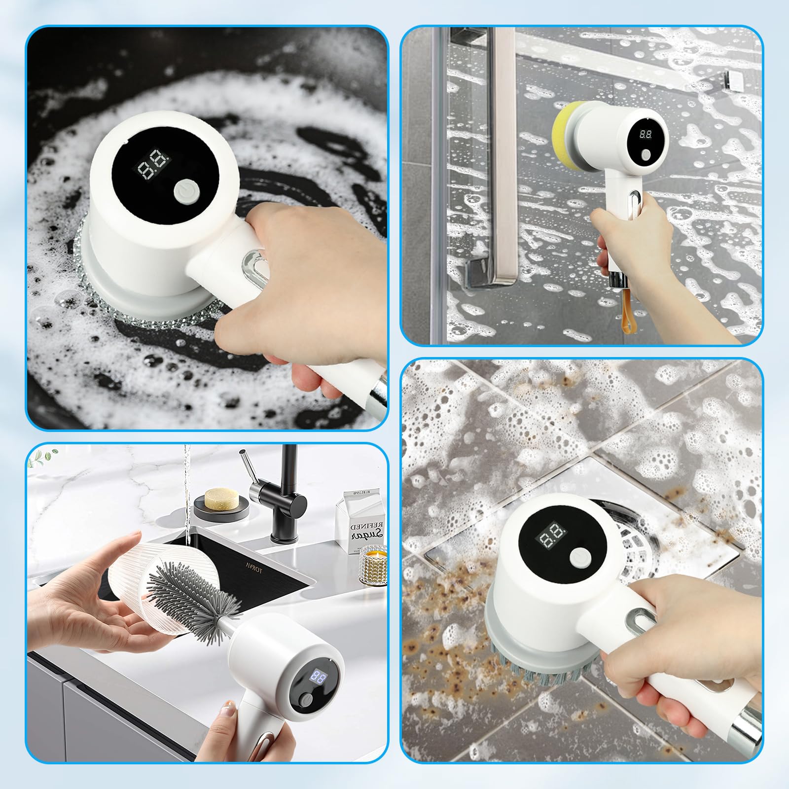 Spazzola Elettrica Rotante per Pulizia - 5 Testine Intercambiabili & 3 Modalità - Perfetta per Piastrelle, Cucina, Vetro e Tazze, Impermeabile, Autonomia 180 Min - Design Wireless e Leggero