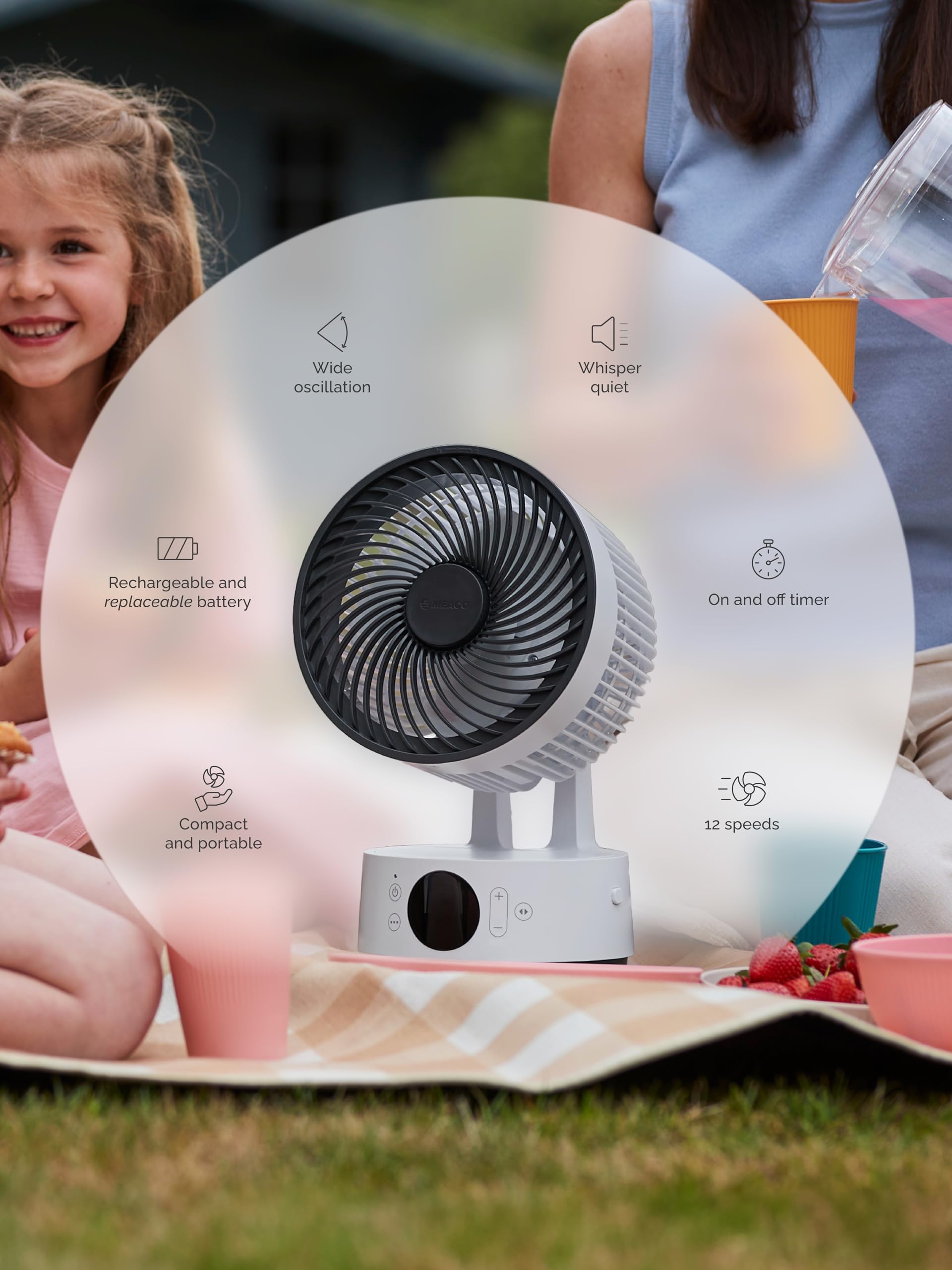 Meaco Fan Sefte® Tragbarer Akku-Luftzirkulator, 15,2 cm, 12 Geschwindigkeiten, 22 dB ultra-leise, kabellos, oszillierender Tischventilator, wiederaufladbar + Fernbedienung, 26 Stunden Laufzeit, 16 m
