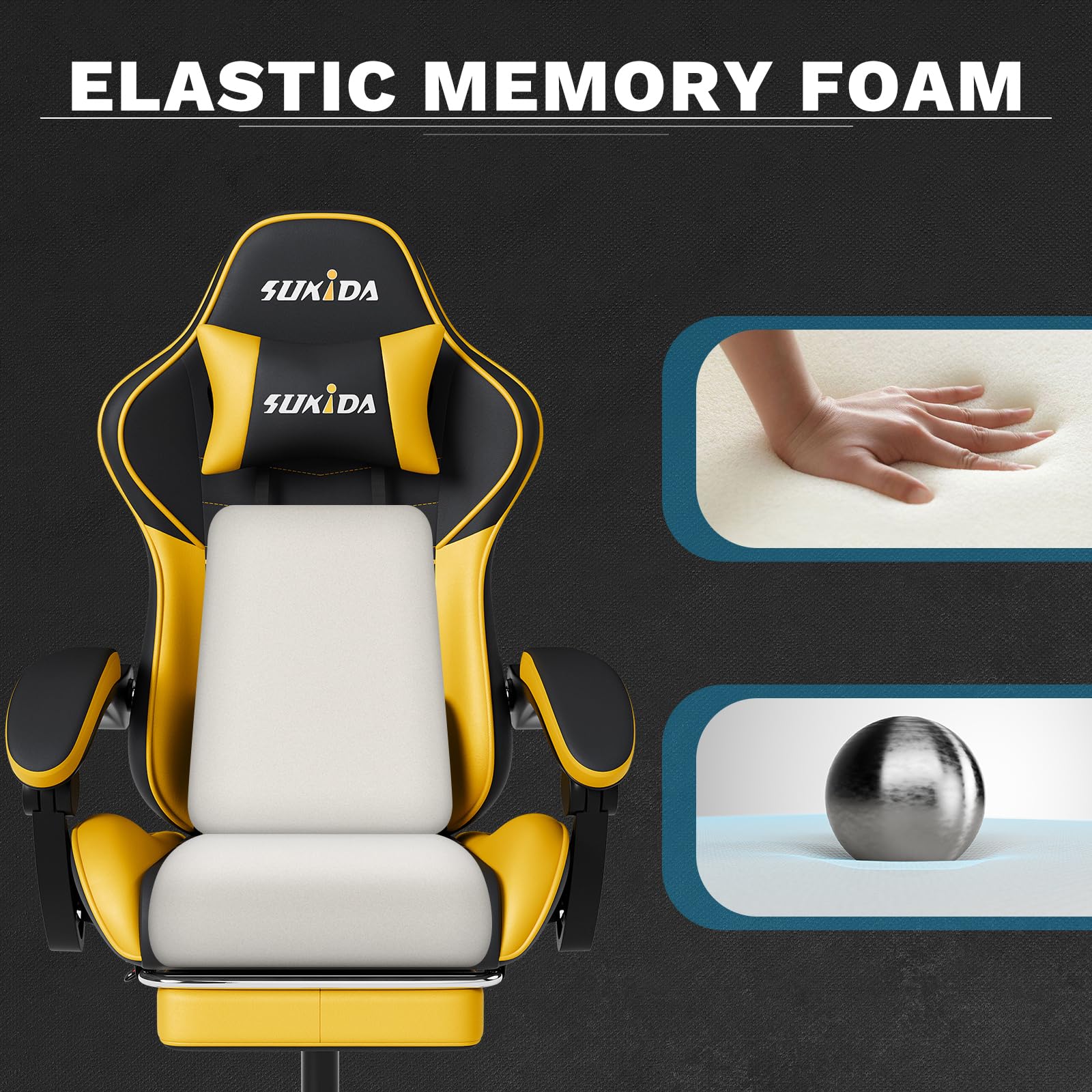 SUKIDA Gaming Stuhl, Ergonomischer Gaming-Stuhl mit Fußstütze, Racing Gamer Chair 90-135° Rückenlehne einstellbar, Computerstuhl Höhenverstellbar Lendenwirbelstütze, Blackyellow