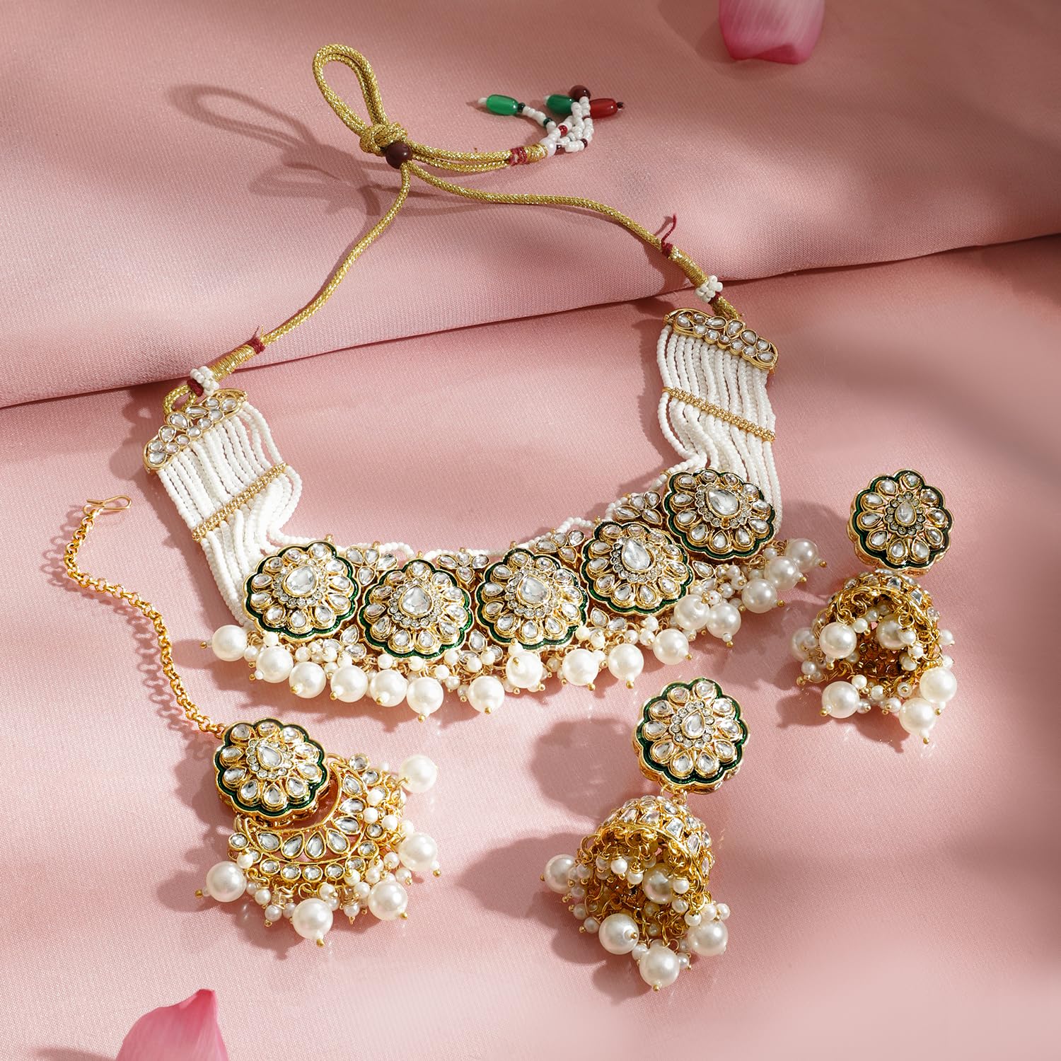 Rubans Collana Maangtikka placcata oro tradizionale elegante Kundan e perle regalo per donne e ragazze