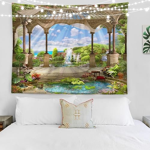 Miniatura 8 de BaoNews Tapiz morado con estrellas de flores prado con un árbol de hadas mantel grande de poliéster para colgar en la pared para dormitorio