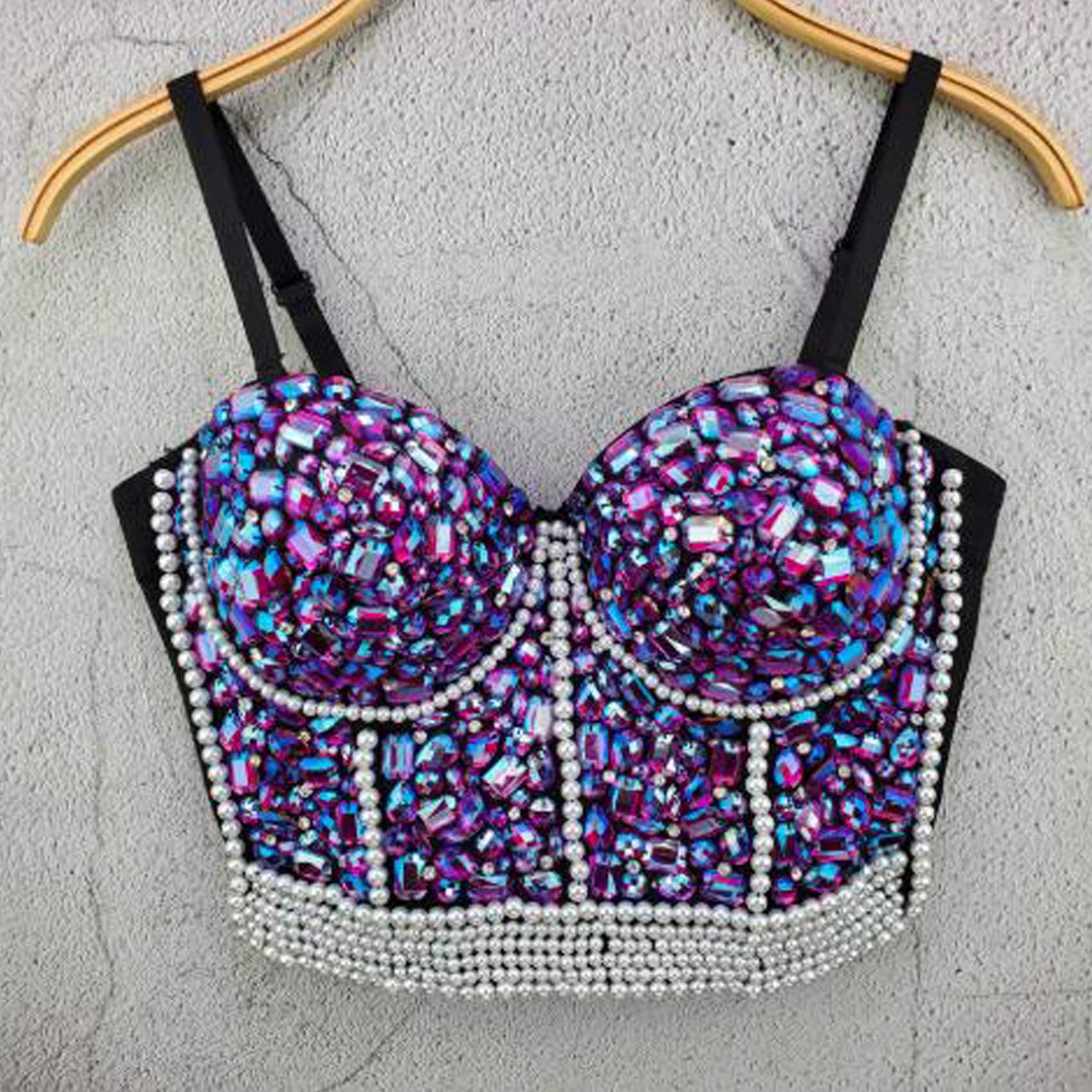 Damen Push Up Bustier Lace Crop Top Gothic Punk Perlen Strasssteine Diamanten Korsett Clubwear Party BH with Detachable Strap