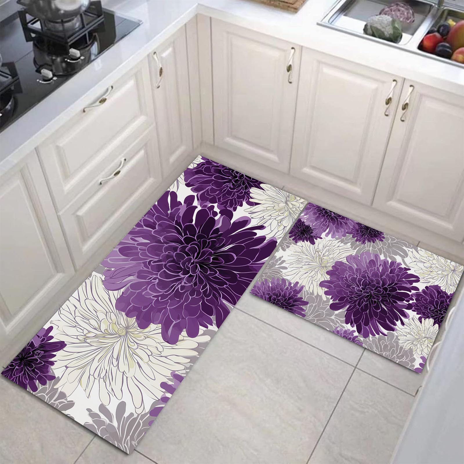 Alfombras de cocina de crisantemo dibujado a mano tapetes vintage violeta