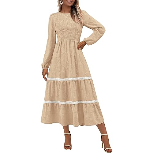 PRETTYGARDEN Long Sleeve Dress for Women 2025 Fall Elegant Modest Floral Boho Smocked Flowy Wedding Guest Midi Dresses