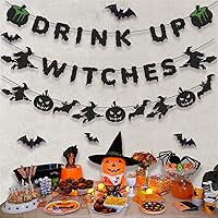Vista 4 de KOKAR Decoraciones de Halloween: pancarta de brujas y guirnalda de murciélagos con bruja, calabaza para decoración de Halloween, decoración de bruja
