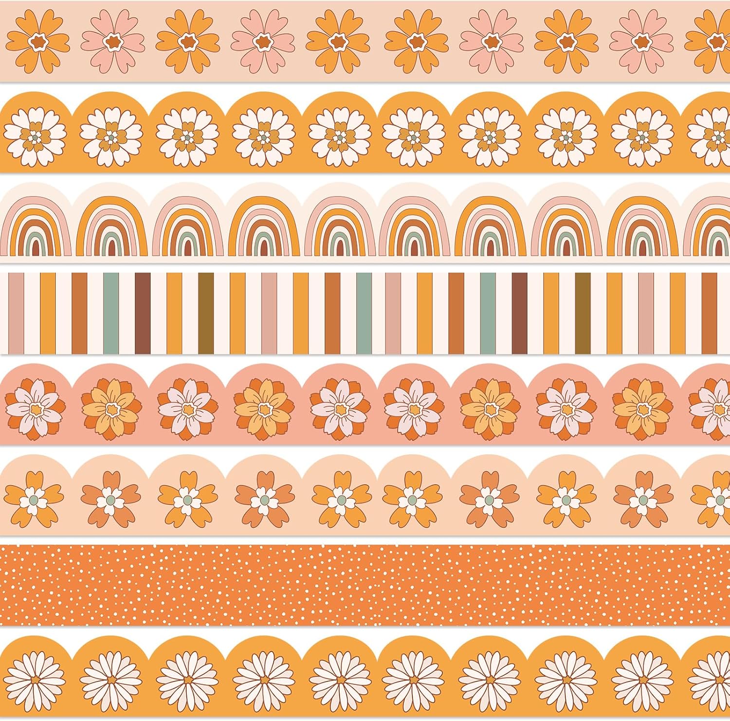Whaline 82Ft Boho Bulletin Board Borders Colorful Groovy Boho Flower Rainbow Adhesive Trim Border for School Classroom Office Decoration