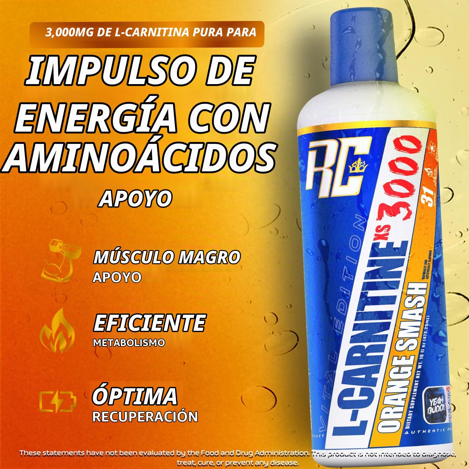 Ronnie Coleman Signature Series L-Carnitine XS 3000 Líquido, metabolismo de aminoácidos y apoyo de fuerza muscular magra, sin estimulantes, sin azúcar, cero carbohidratos, Orange Smash, 16 onzas : Salud y Hogar