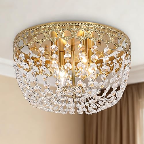 Miniatura 9 de Maxax Lámpara de techo vintage de 15 pulgadas, 4 luces de cristal de bronce empotrado, lámpara de techo antigua para sala de estar, dormitorio,