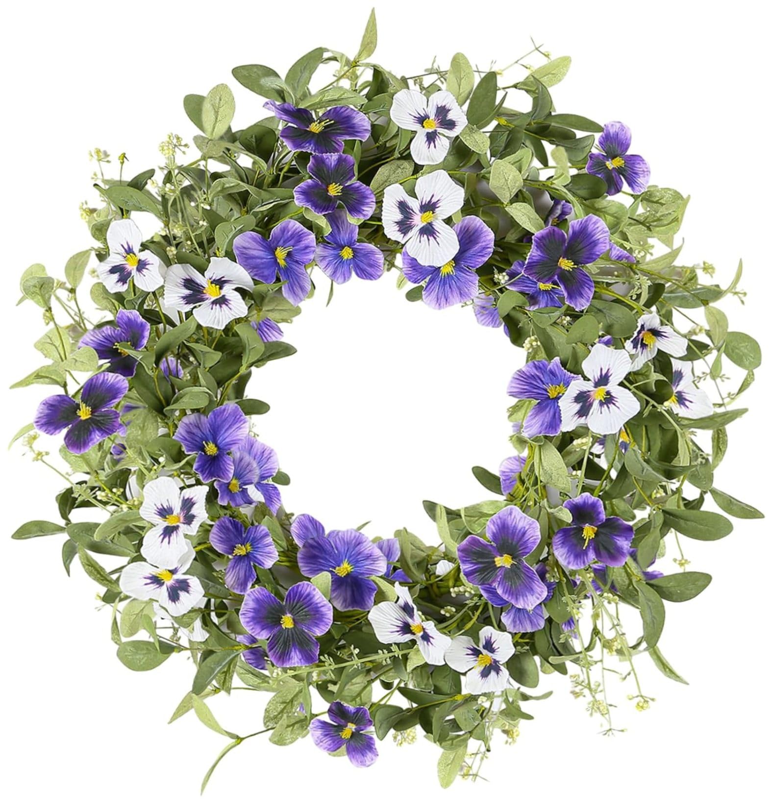 Perodlly Spring Summer Front Door Wreath, 18 Inch Artificial Floral Wreath with Eucalyptus and Pansies for Farmhouse Wall Window Home Decor..