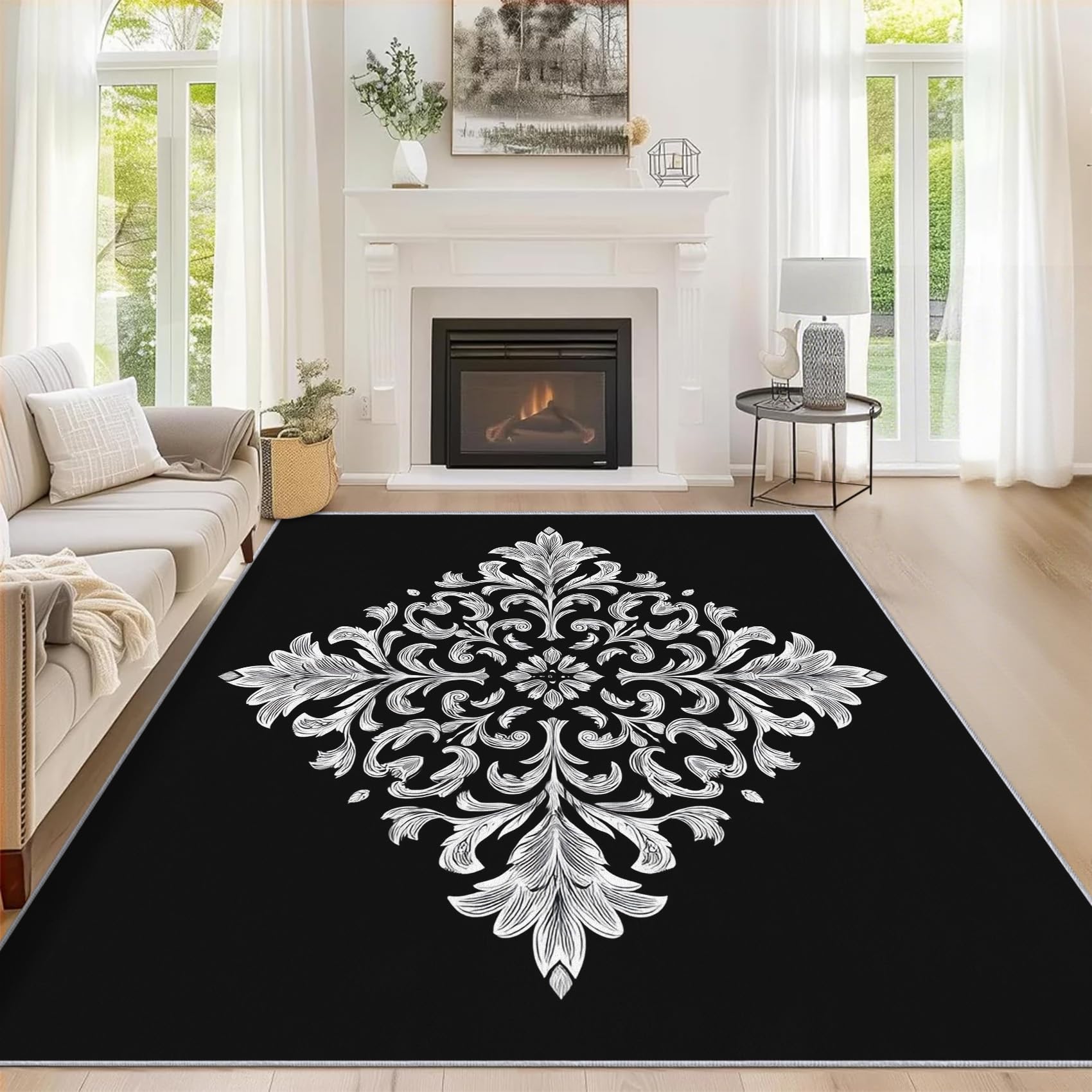 Tapis damas noir aux finitions baroques délicates et texture douce haut de gamme