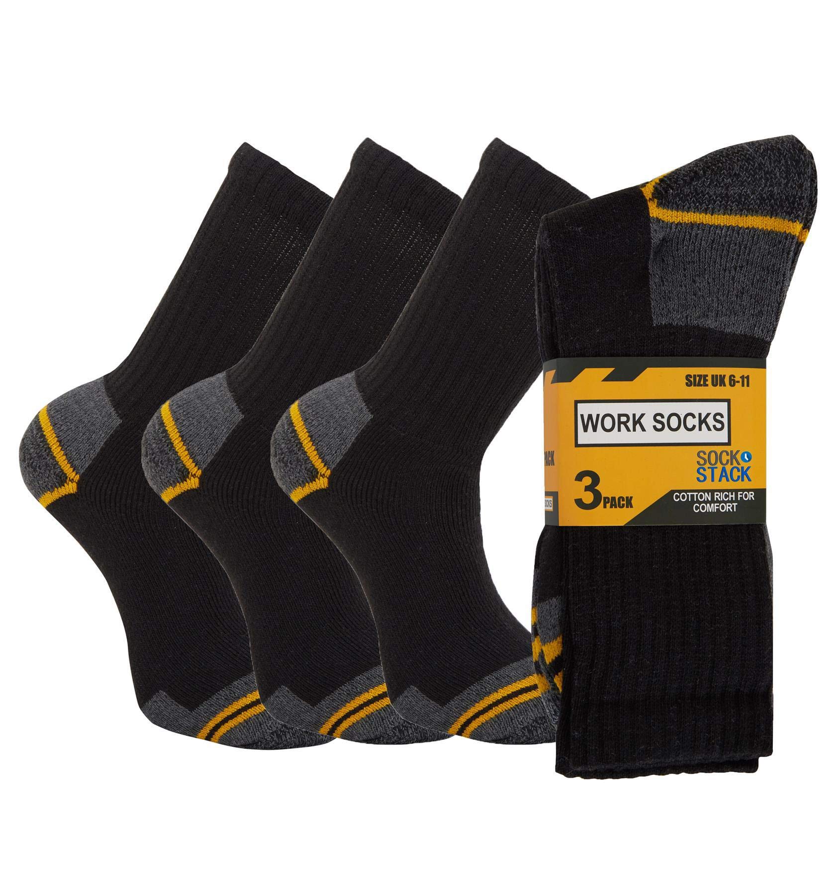 Sock Stack Mens Heavy Duty Work Socks Black Safety Steel Toe Plain Boot Sock Workwear UK Size 6-11, Pack Of 12