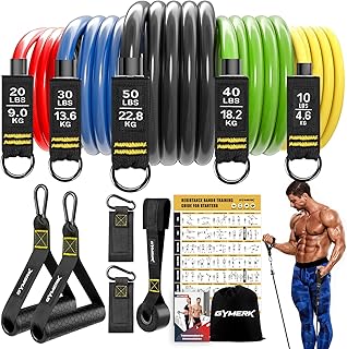 GYMERK Resistance Bands Set, Expander Fitness with Rubber Handles, Training Poster, Ankle Strap, Door Anchor, Carry Bag, 5…
