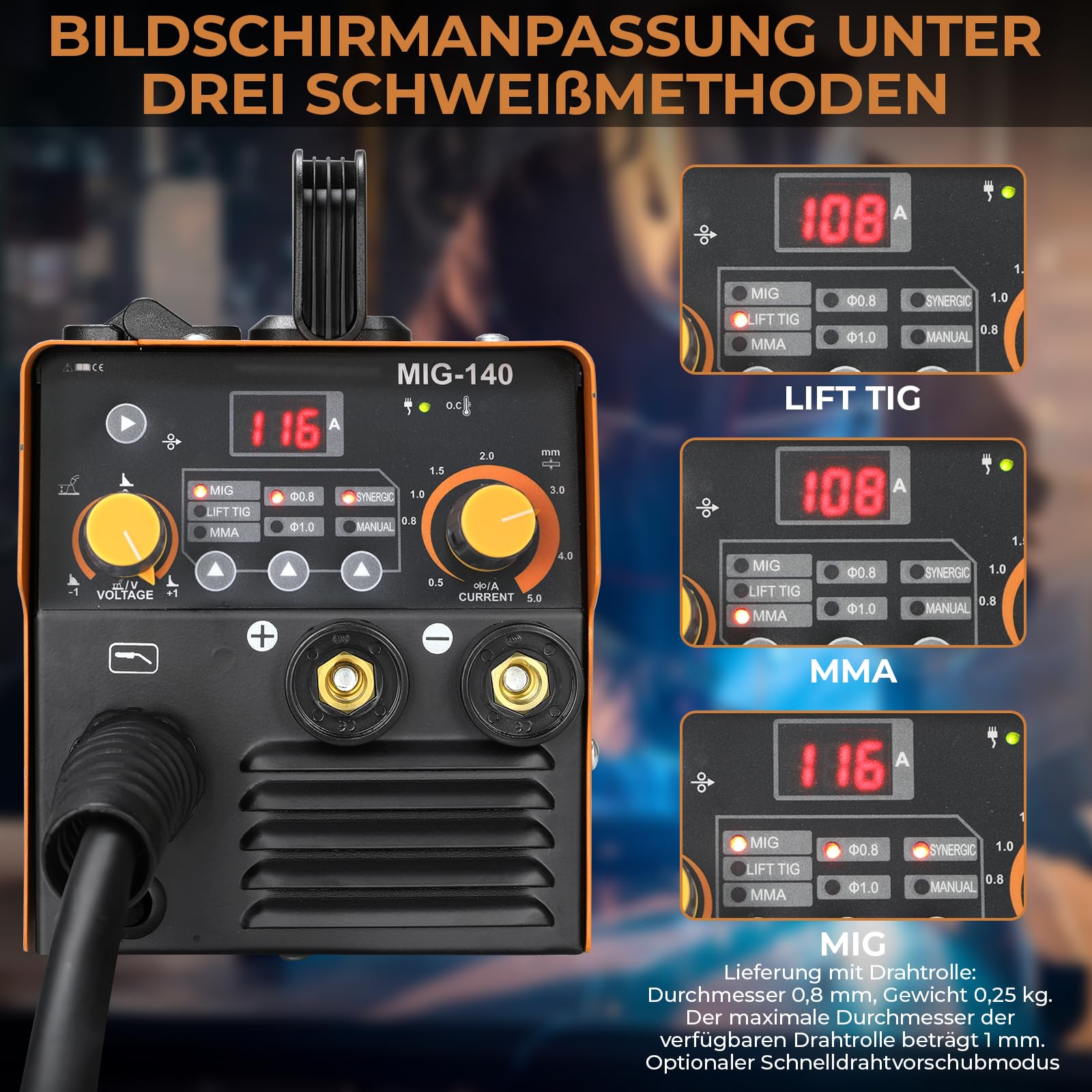 Soldador Hilo Continuo sin Gas 140A 230V, 3 en 1 Soldadora MIG, ARC MMA, Lift TIG, IGBT Inverter, Máquina de Soldar Portátil, con Pantalla LCD, Rollo de Alambre de 0,8 mm, Máscara y Cepillo, IP 21S
