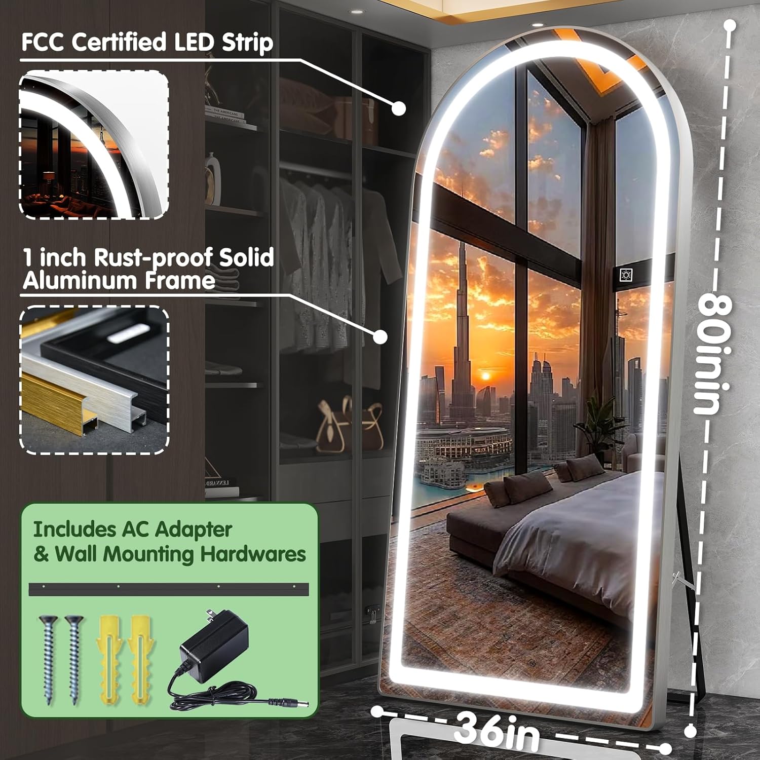 FENNIO Full Length Mirror with Lights, 80" x 36" LED Full Body Mirror, Free Standing Lighted Floor Mirror, Wall Mounted Hanging Mirror for Bedroom, Salon, Dimmable, 3 Color Lighting [Tempered Glass]