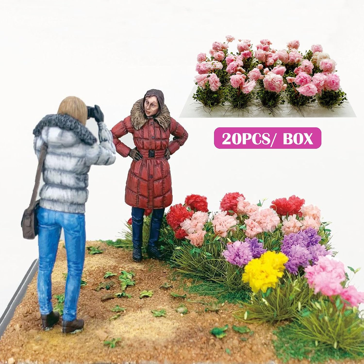 Woohome Flower Cluster Flower Vegetation Groups Grass Tufts Miniature Static Scenery for DIY Architecture Building Model Railway Train Diorama Garden Scenery Landscape Layout (Peony, Pink)