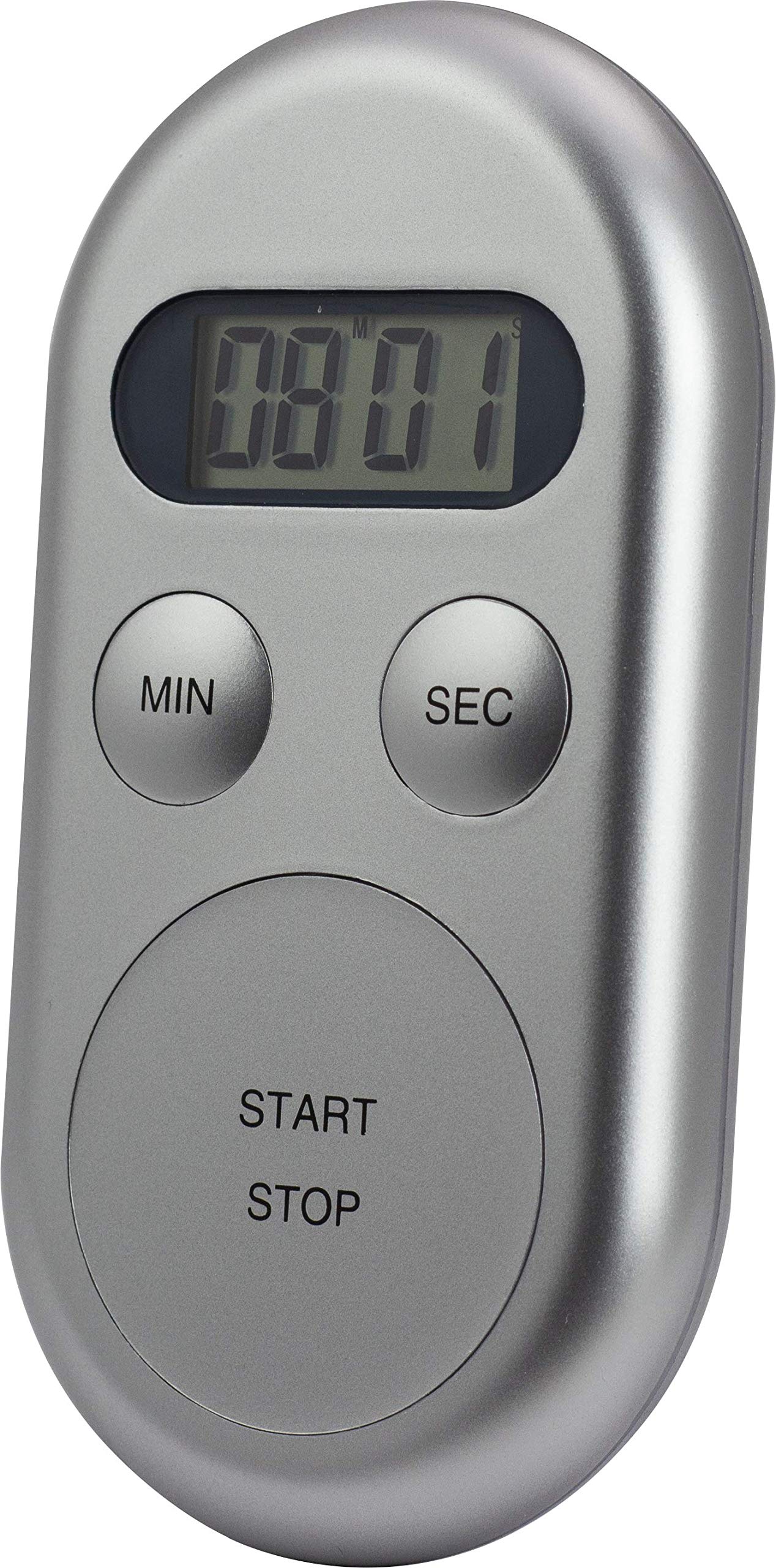Kurzzeitmesser KT188, Silber, oval, Count-down bis 99 Min, 59 Sek., 30-sekündiger Alarm beim Erreichen von 0, Timer-Memory-Funktion, Magnet zum Befestigen an Metallflächen, große Start-/Stopptaste