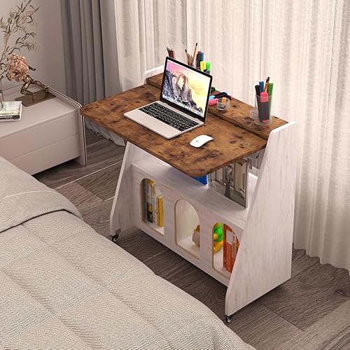 Miniatura 3 de Pmnianhua Escritorio móvil para laptop con ruedas, mesa portátil para laptop, estación de trabajo de escritura rodante con 4 ruedas y almacenamiento