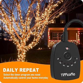 TiFFCOFiO Outdoor Light Timer Waterproof, Remote Control Dusk to Dawn Light Sensor Timer, 100 FT Range, Plug in, 2 Grounded Outlets for Home and Garden, 15A/1875W, ETL Listed