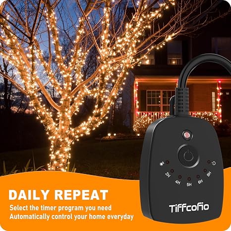TiFFCOFiO Outdoor Light Timer Waterproof, Remote Control Dusk to Dawn Light Sensor Timer, 100 FT Range, Plug in, 2 Grounded Outlets for Home and Garden, 15A/1875W, ETL Listed
