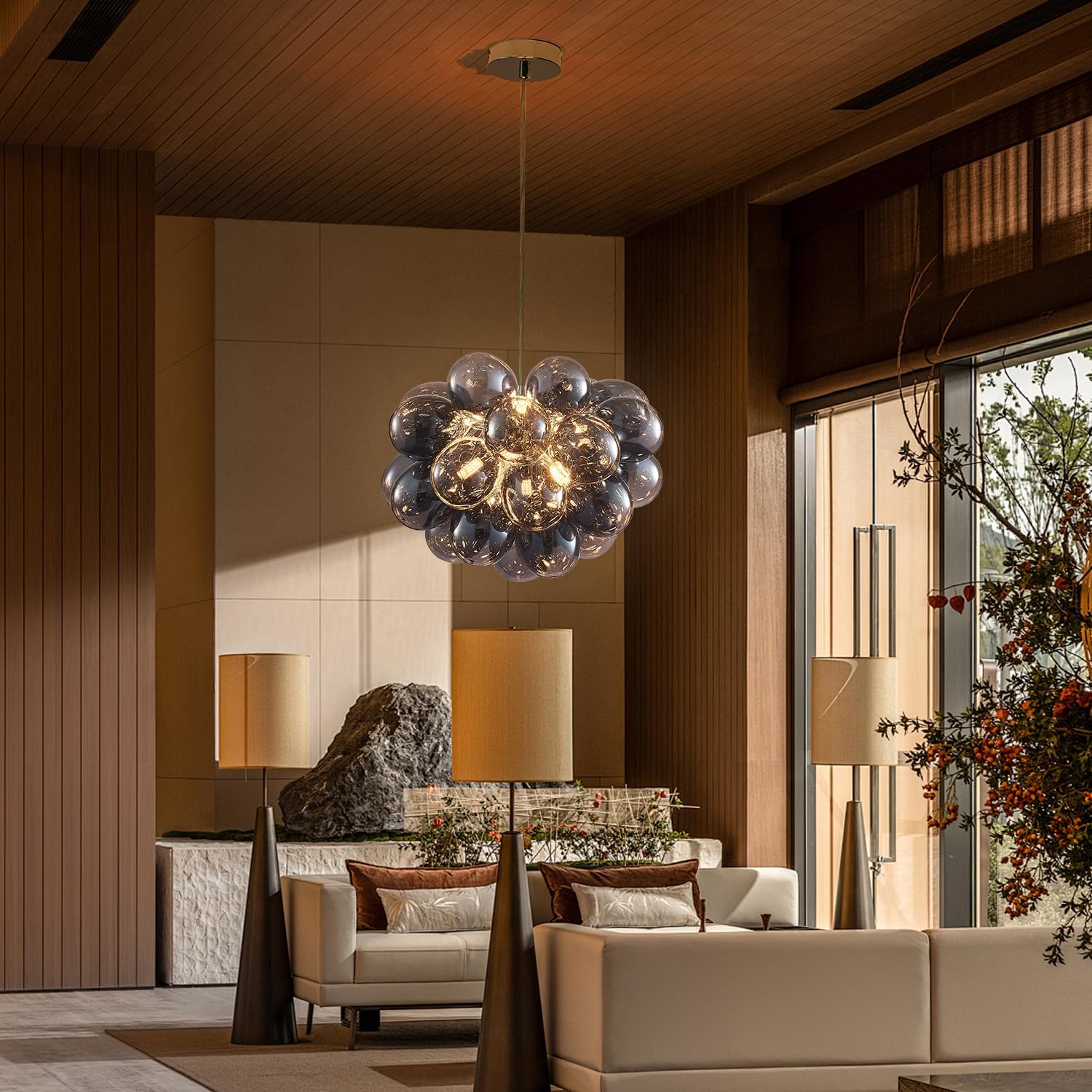 Smoky Gray 1 Pcs 16 Ihch Glass Globe Bubble Chandelier Modern LED Pendant Ceiling Light Glass Lampshade Black Over Kitchen Table Light Fixtures for Dinning Room Living Room Bedroom