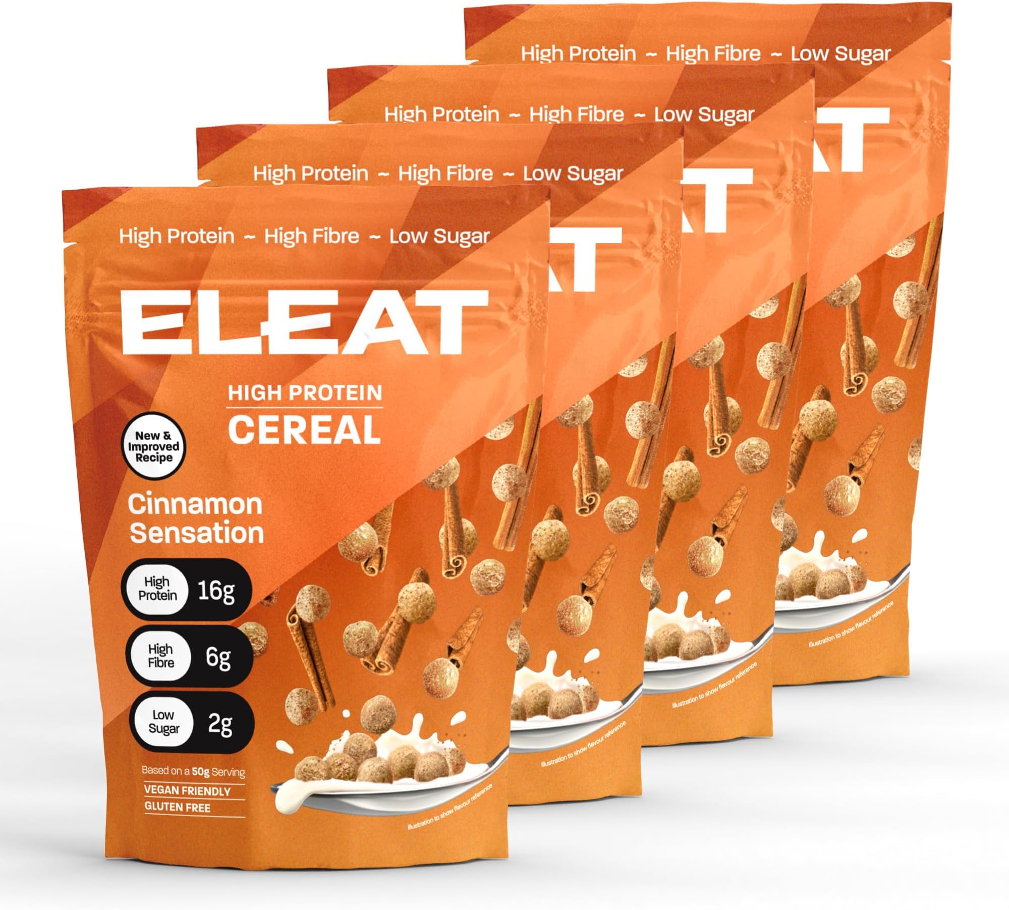 ELEAT Protein Cereal Multi-Pack 4 x 250g Pouches - Cinnamon Sensation Healthy Cereal, Pre & Post Workout High Fibre with Good Bacteria Amino Acids Low Sugar, Vegan, Gluten-Free, Pack of 1