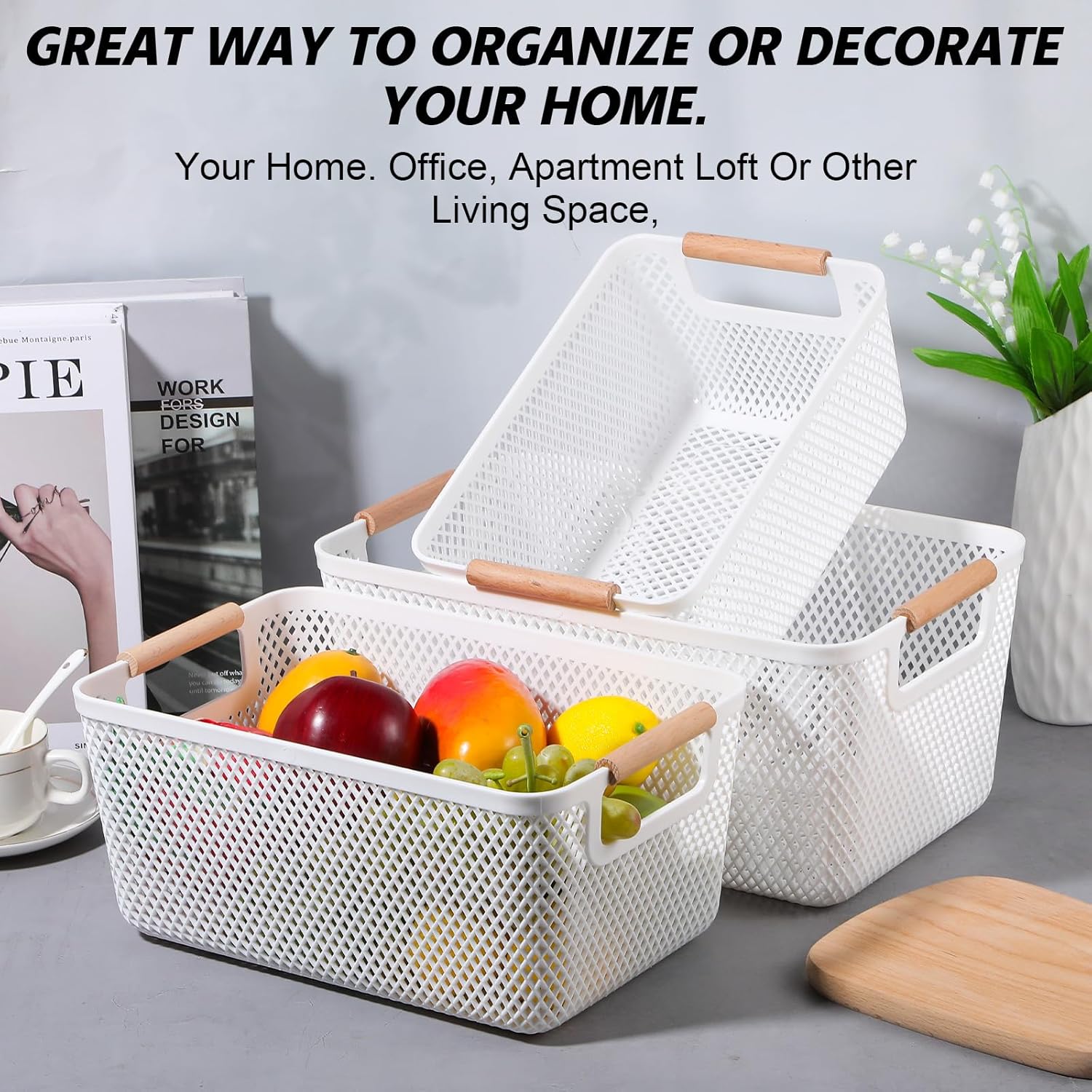 3 Pcs Plastic Mesh Basket White with Wood Handle, Plastic Wire Baskets for Pantry, White Wire Countertop Basket, Cabinet Pantry Closet Bedroom Kitchen(3 Size)