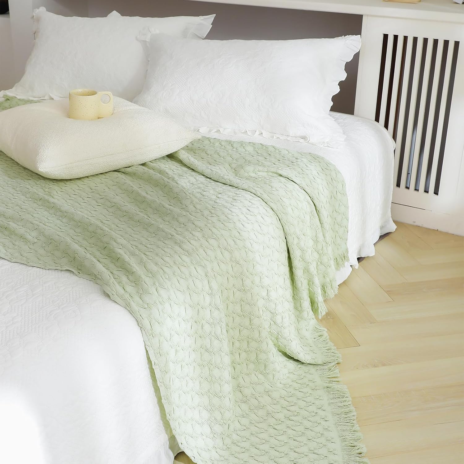Simple&Opulence 100% Cotton Throw Blanket for Couch, Bed, Waffle Weave Knit Blanket with Tassels, Soft Lightweight Pre-Washed Breathable Comfy Blanket Farmhouse Decor for All-Season(Sage Green)
