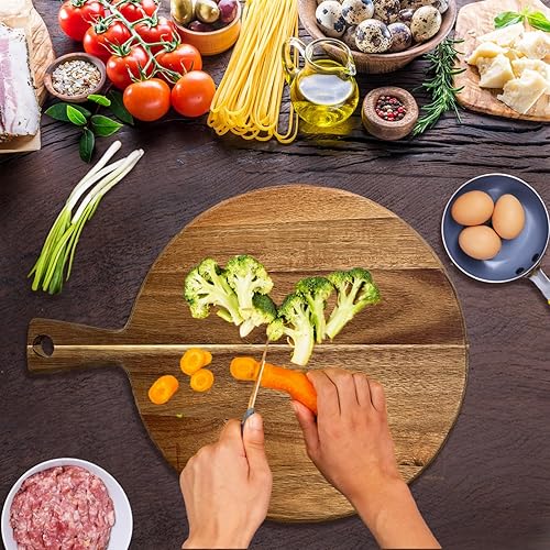 Miniatura 3 de Pela de pizza de madera, tabla de pizza de 14 pulgadas con asa, tabla de cortar de madera ligera y lisa, tabla de cortar redonda para cocina,