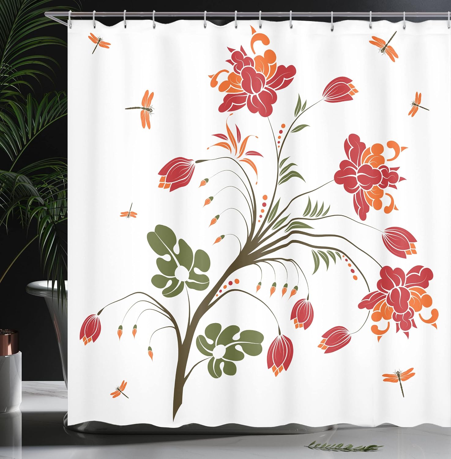 Ambesonne Dragonfly Shower Curtain, Flourishing Vivid Blossom Illustration Little Dragonflies Habitat Image, Cloth Fabric Bathroom Decor Set with Hooks, 69" W x 84" L, Olive Green