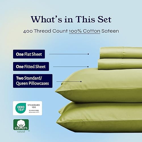 Vista 333 de Juego de sábanas de 400 hilos y 6 piezas, tamaño King, con 4 fundas de almohada, ropa de cama de 100 % algodón con tejido satinado, color azul 12