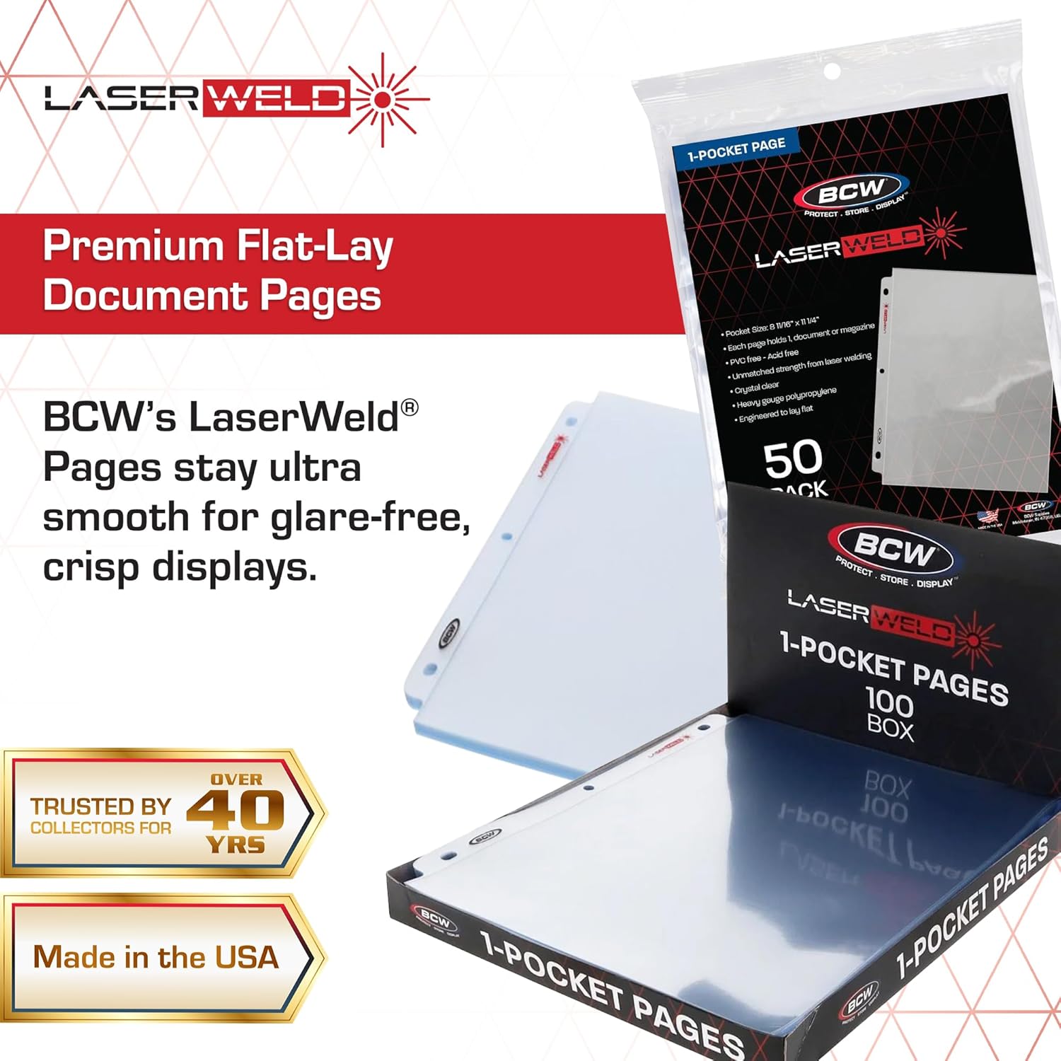 BCW LaserWeld® 1 Pocket Document Page | 100 Pack of 8.5 x 11 Clear Plastic Paper Sleeves | Archival-Safe Protective Sleeves for Paper with Reinforced Laser Welded Seams | 3 Ring Binder Compatible