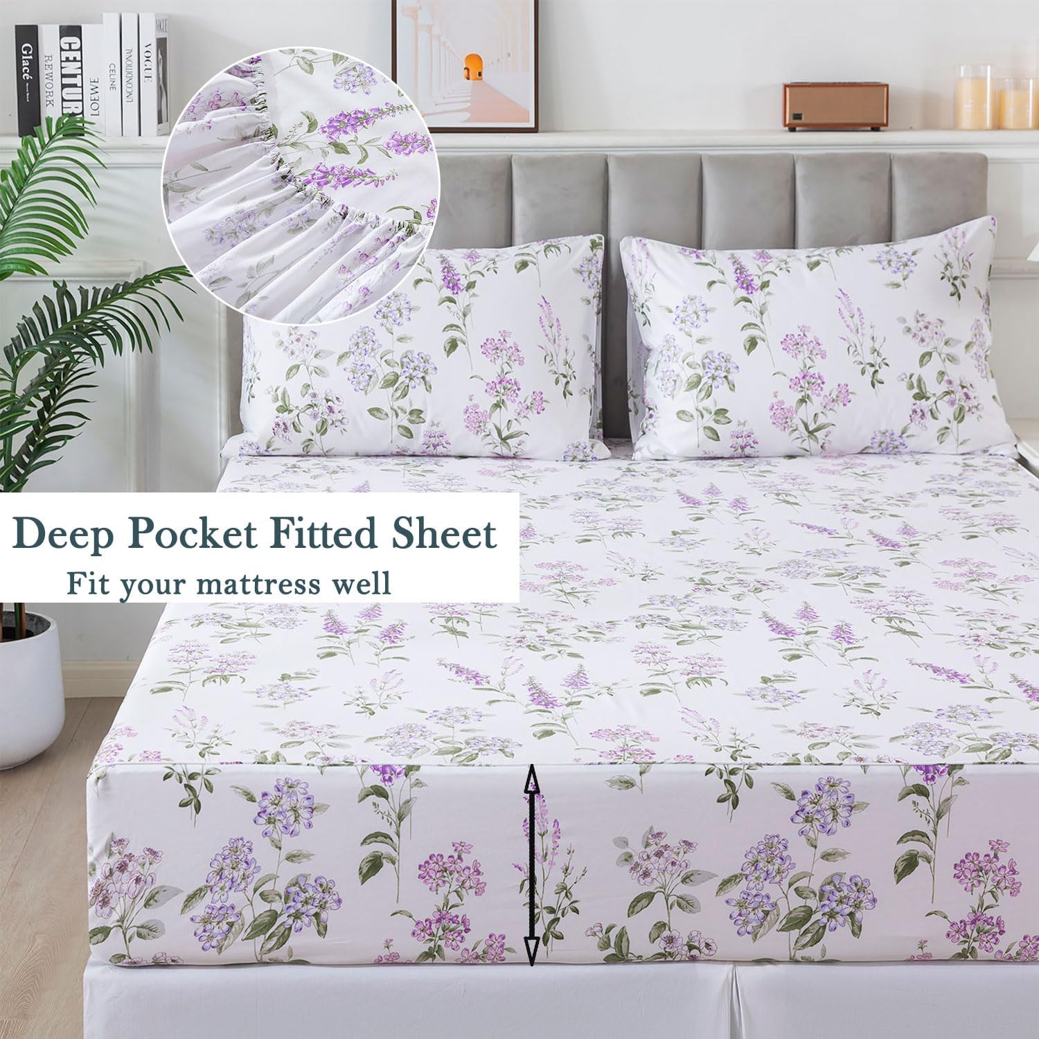 FADFAY Queen Sheets Set 100% Cotton Purple White Bed Sheet, French Country Lilac Lavender Green Leaves Sheets Botanical Pattern Minimalist Bedding, Soft Crisp & Breathable Luxury Deep Pocket Sheet