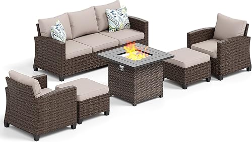 Miniatura 8 de HERA'S HOUSE juego de muebles de patio de mimbre, muebles de exterior con mesa para fogata, juego de conversación de 6 piezas con otomanos, juegos