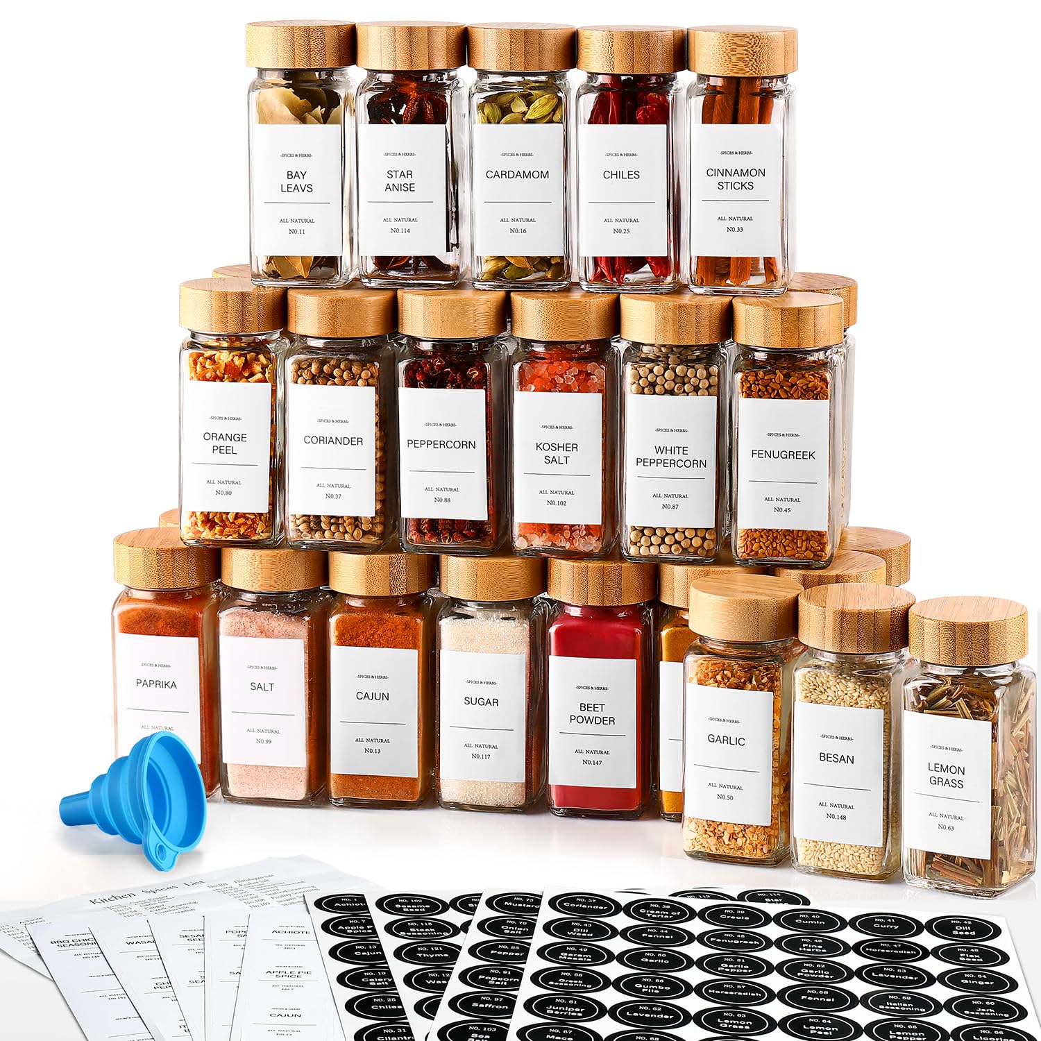 DWTS DANWEITESI 36 Pcs Glass Spice Jars - 4oz With Bamboo Lids, Empty Bottles With Labels, Kitchen Spice Jars With Shaker Lids