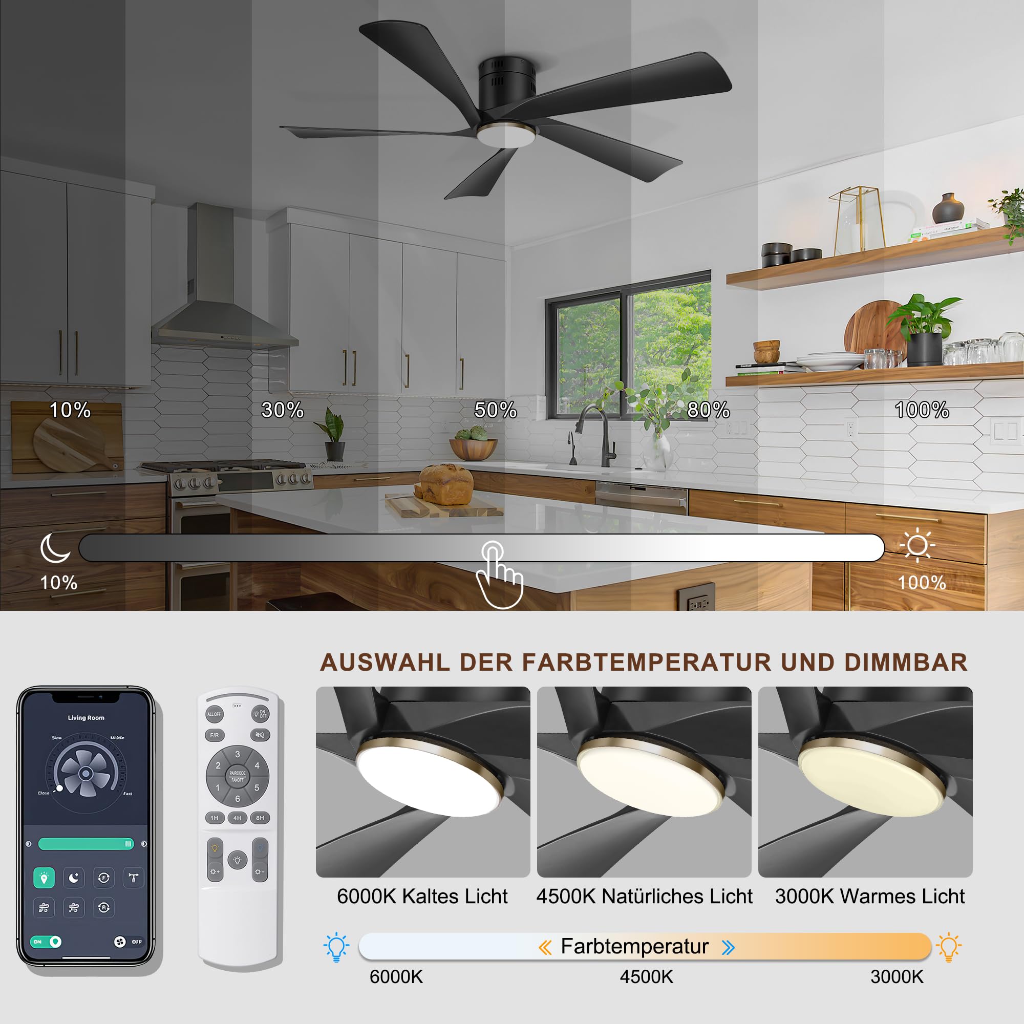Ohniyou 132 cm Deckenventilator mit Beleuchtung, Fernbedienung, App-Steuerung, Dimmbar, Leiser DC-Motor, Schwarz