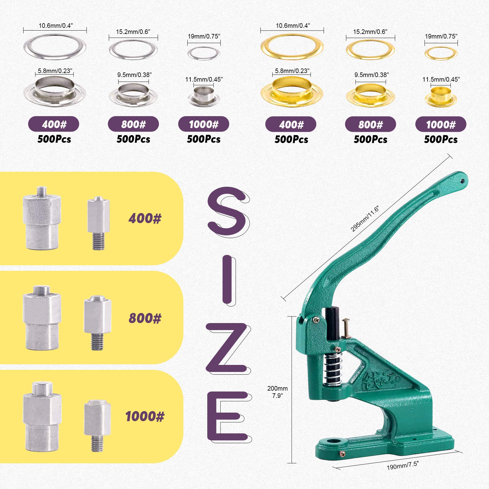 Swpeet Kit d'Outils de Poinçonnage à Œillets 3004 Pièces - 3 Matrices (#0#2#4), 3000 Œillets Argentés/Dorés, Kit de Base Roulante Pour Trou