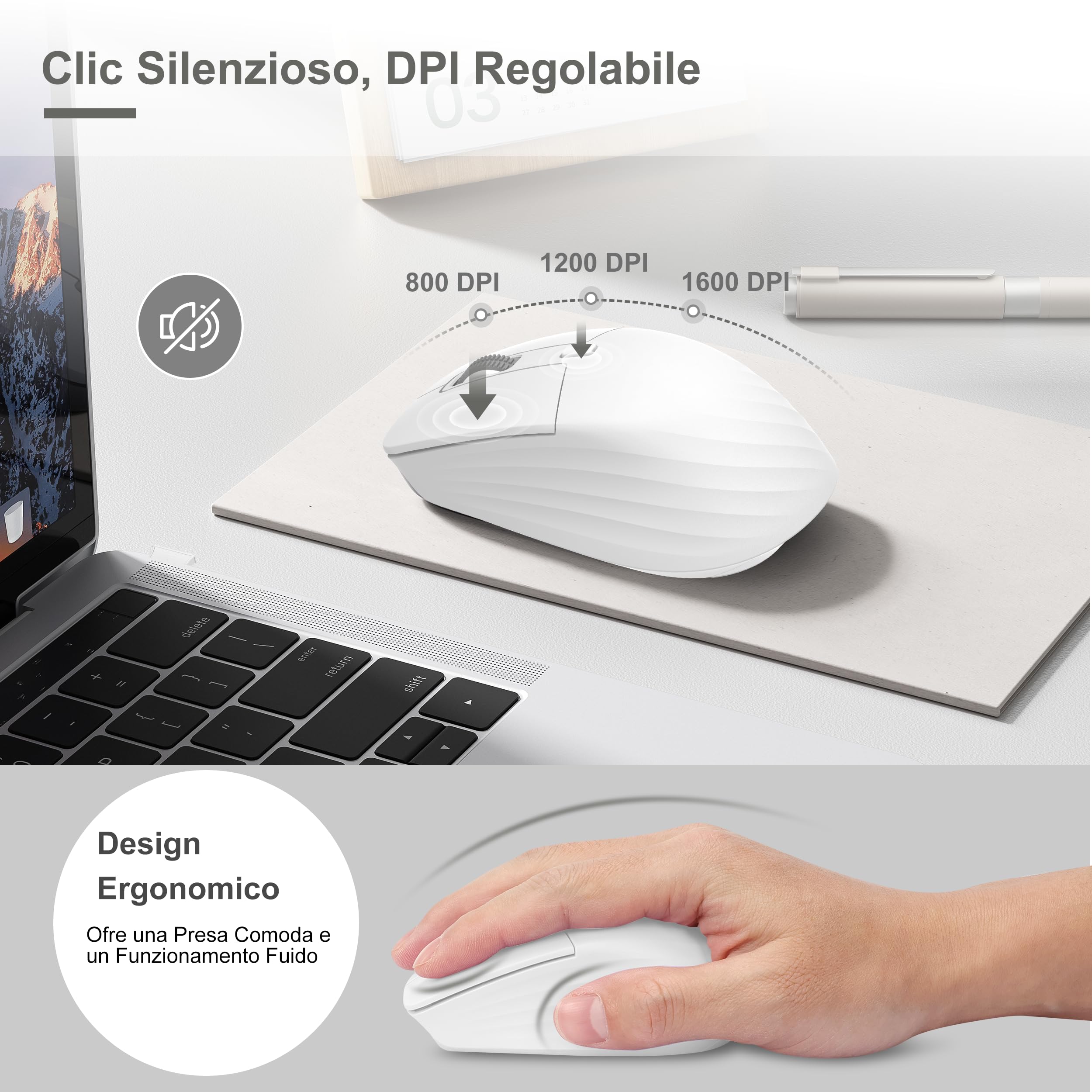 LeadsaiL Tastiera e Mouse Meccanica Wireless FA98, Basso Profilo Switch Rossi Tastiera senza Fili con ricevitore 2.4G, 96% Keyboard, 98 Tasti, Silenzioso, Italian QWERTY per PC Mac/Windows-Argento