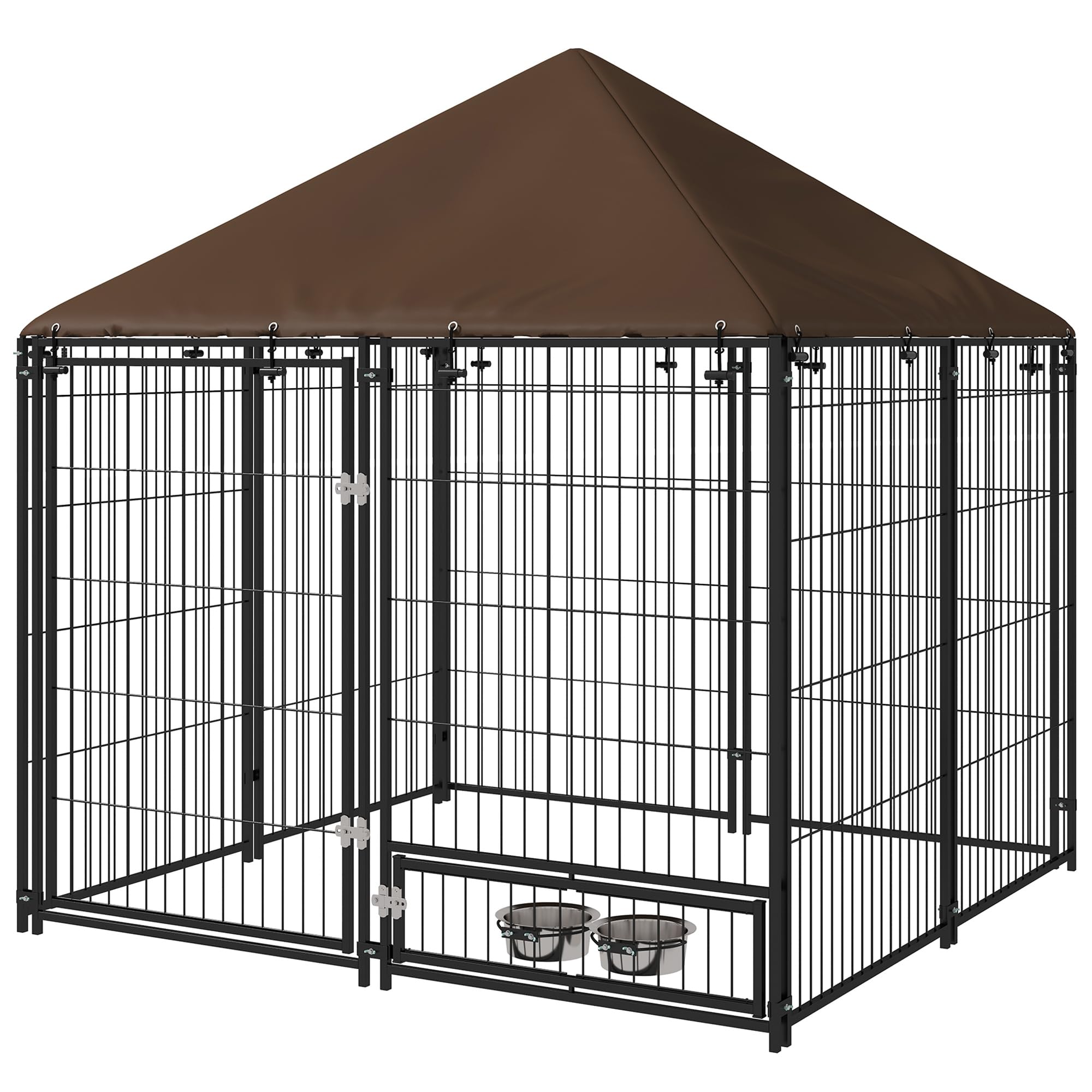 PawHut Perrera con Toldo Valla para Perros Metálica Exterior 2 Cuencos con Soporte Giratorio para Comida para Patio Jardín Terraza 141x141x151 cm Negro