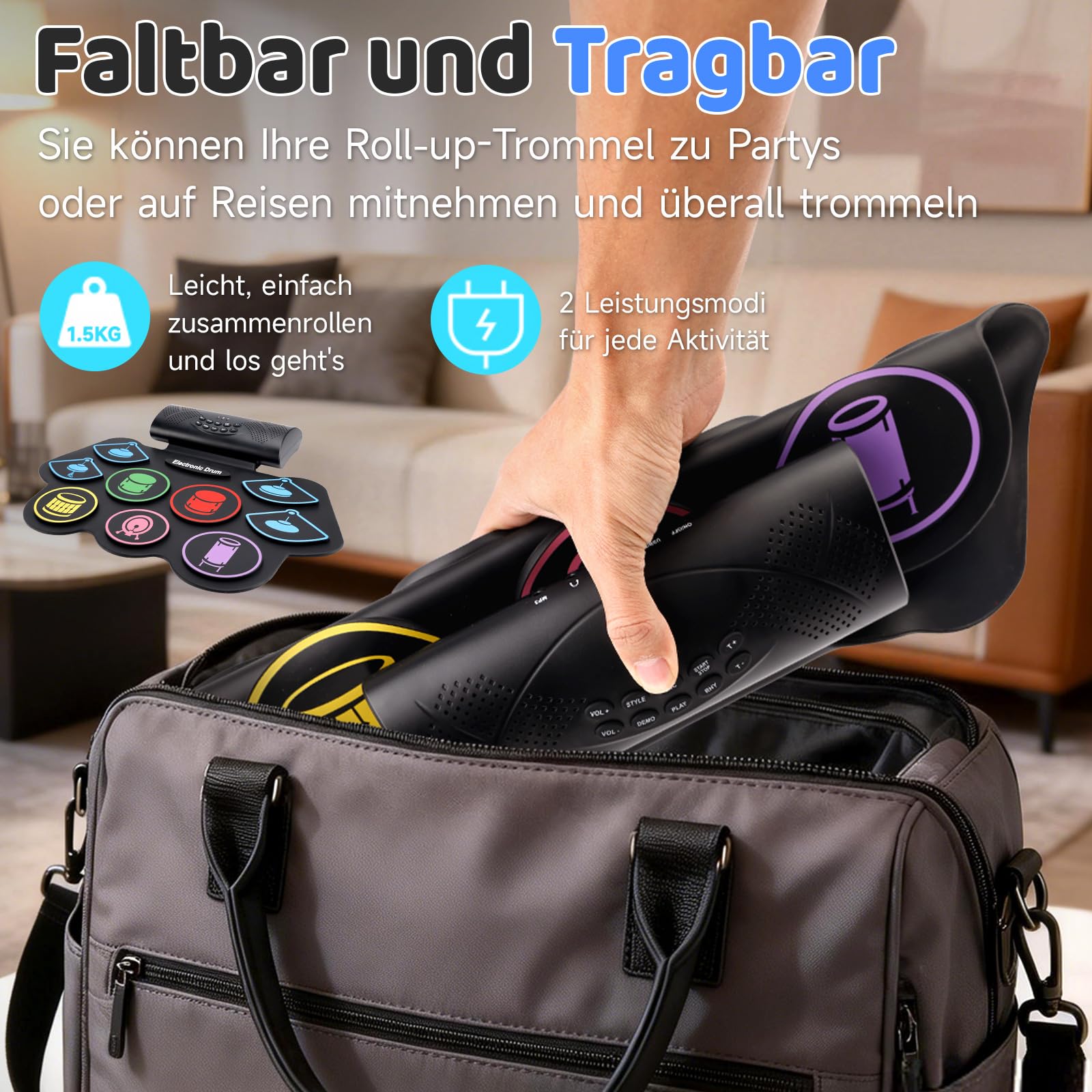 Topteng 9-Pad Schlagzeug Elektronisch, Handroll E-Drum Set mit Stereo-Lautsprechern & Fußpedalen, Tragbares Silikon Drum Pad Kit mit Kopfhöreranschluss, Musikinstrument Geschenk für Kinder & Anfänger
