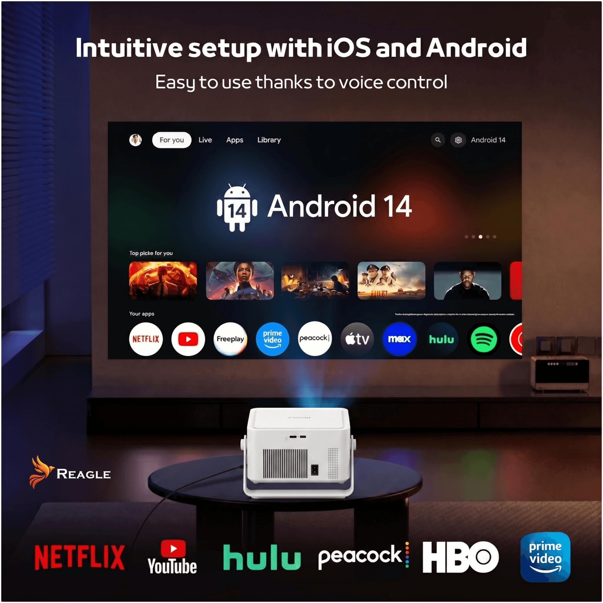 Reagle R-MOVIELUM-P60 Proiettore Smart Android 14 Full HD 1080p 4K Upscaling 1100 ANSI LED 140 Pollici WiFi 6 Bluetooth 5.4 Autofocus Keystone HDMI USB 180° Home Cinema