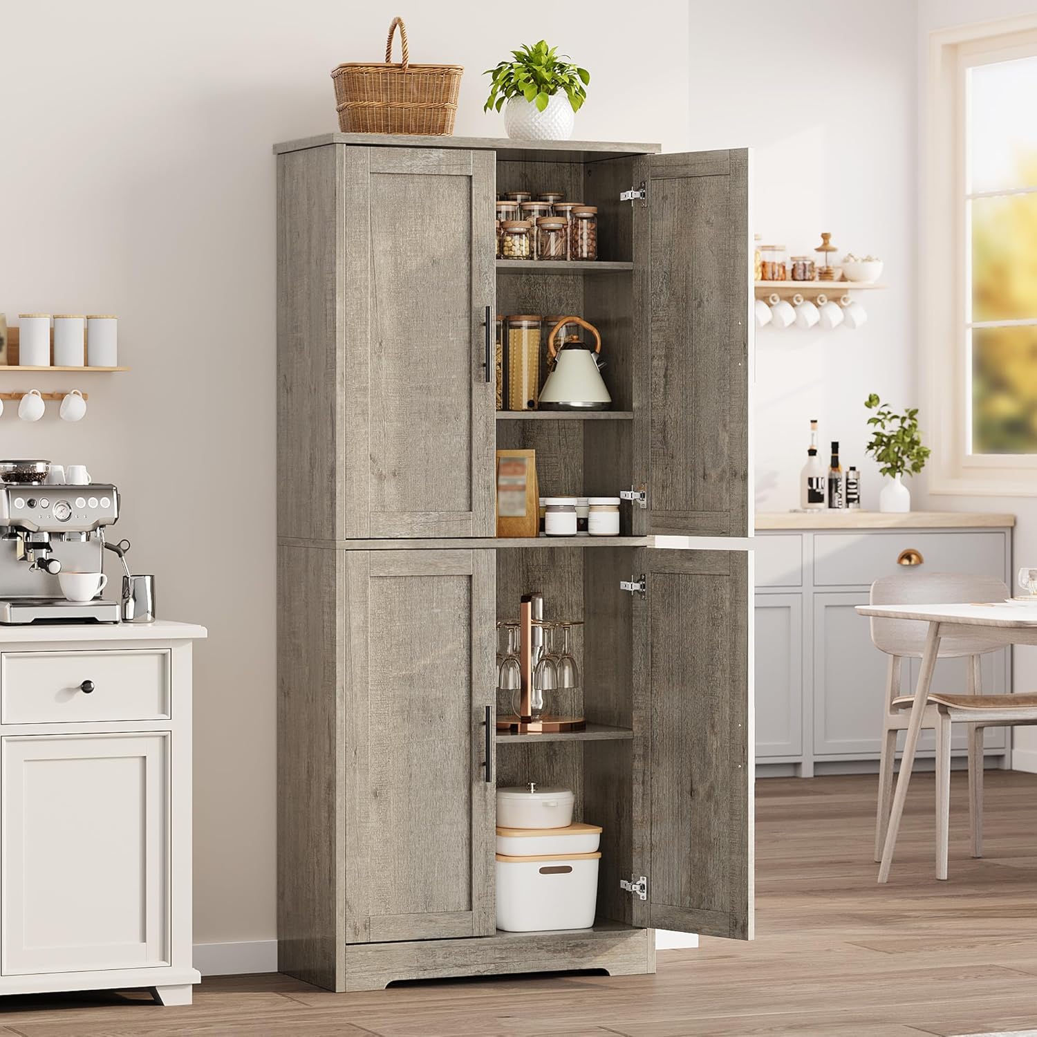 IDEALHOUSE Pantry Cabinet,70" Tall Kitchen Pantry Cabinet with 4 Doors and 3 Adjustable Shelves, Freestanding Cupboard, Modern Storage Cabinet for Bathroom, Dining Room, Living Room, Gray
