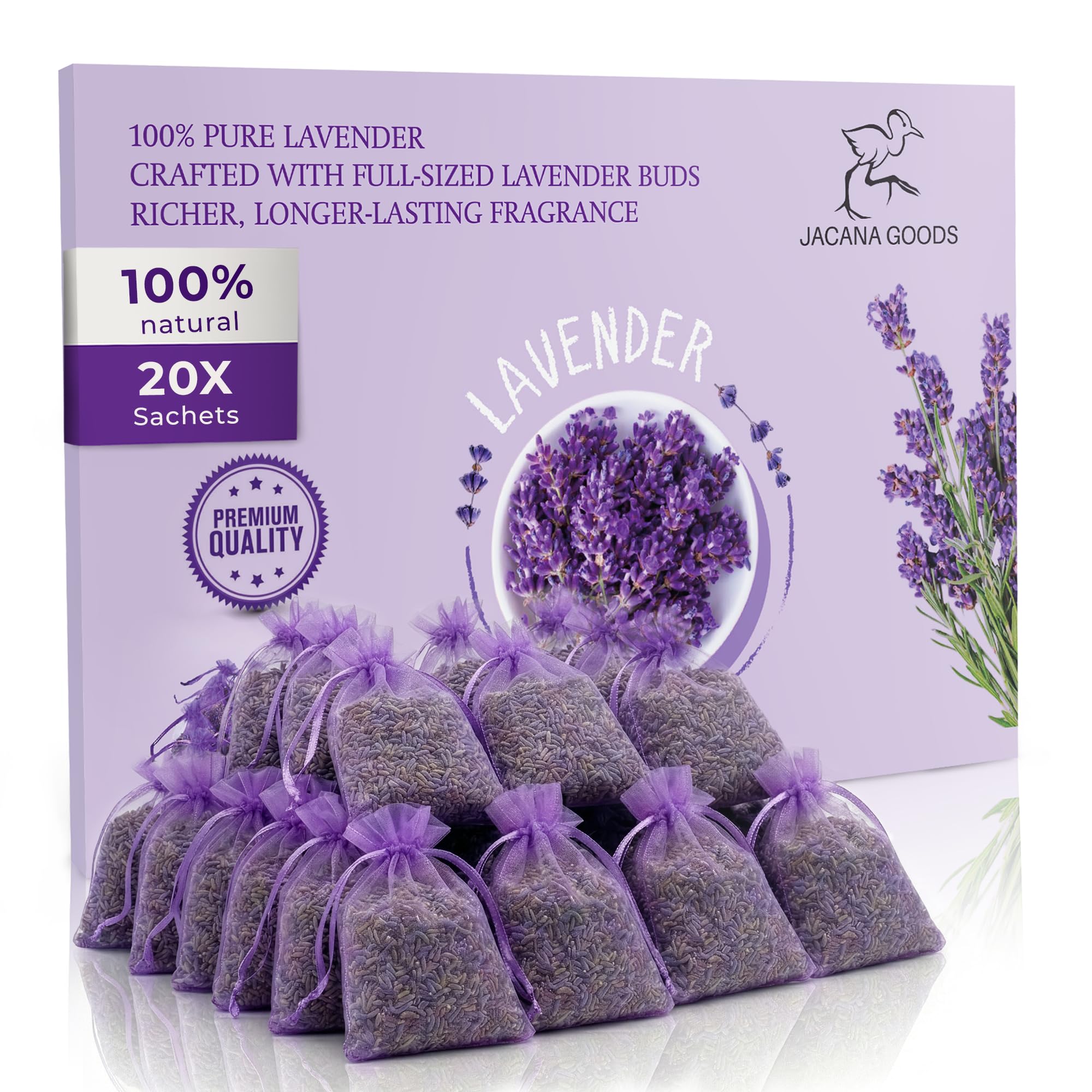 English Lavender Bags – Natural Moth Repellent & Air Freshener – Set of 20 – Air Freshener for Wardrobes, Drawers, Bathrooms, Clothes Storage – 100% Organic Premium Lavender